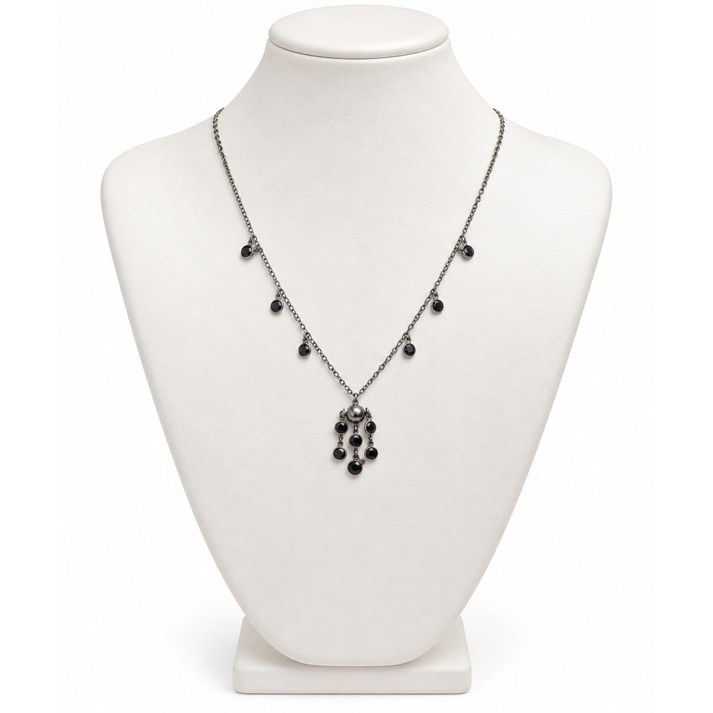 Vintage Bonnie J Black Crystal Y Drop Necklace Gunmetal Tone Signed Adjustable